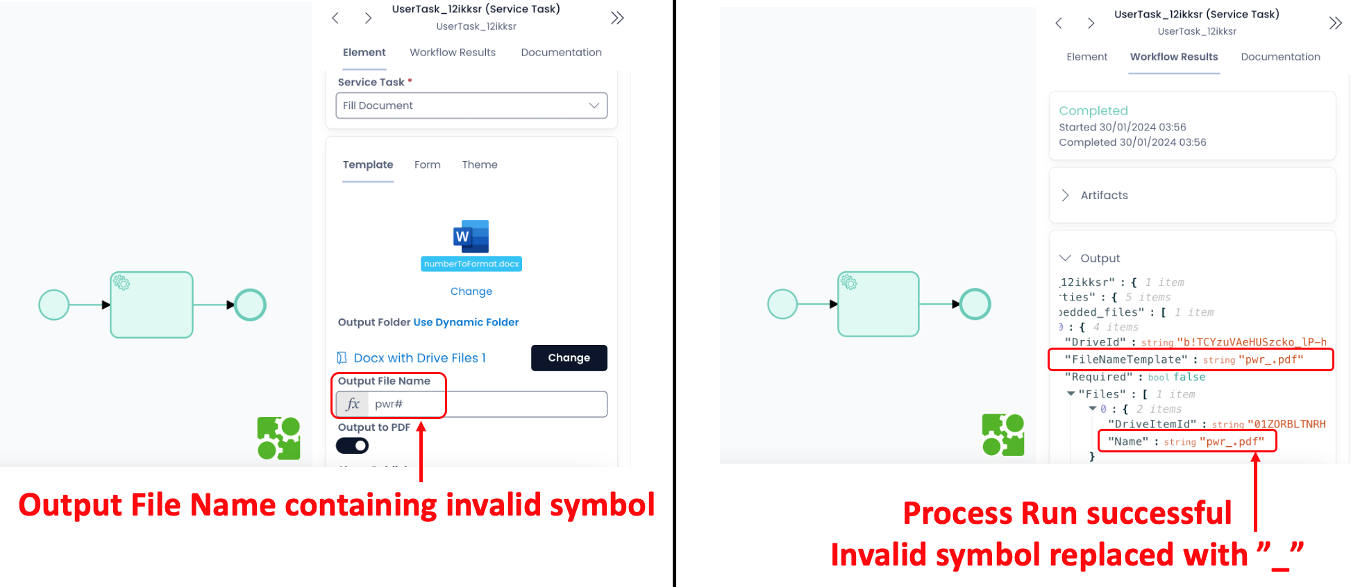 Image showing process success and automatic sanitization of Output File Name